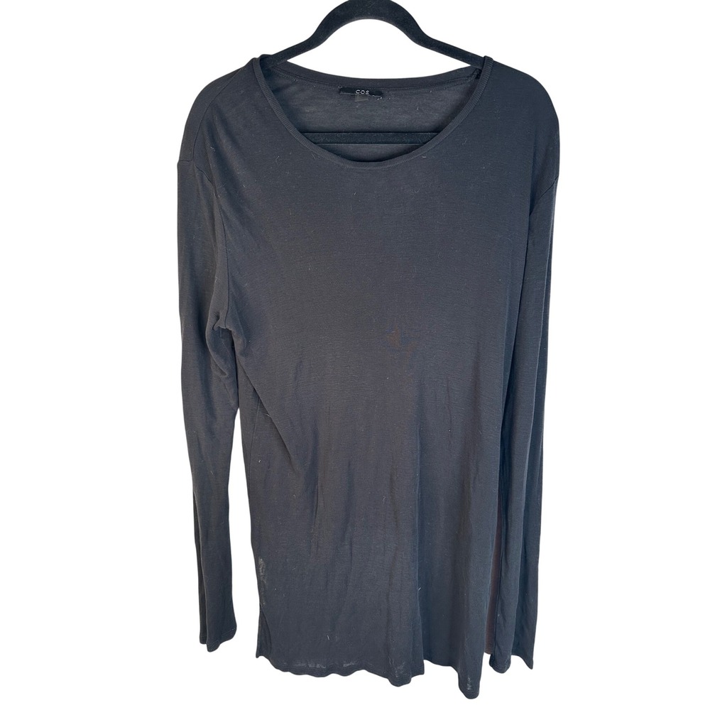 COS Women's Black Lyocell Long Sleeve Minimalist Side Slit T-Shirt Dress‎ Size L
